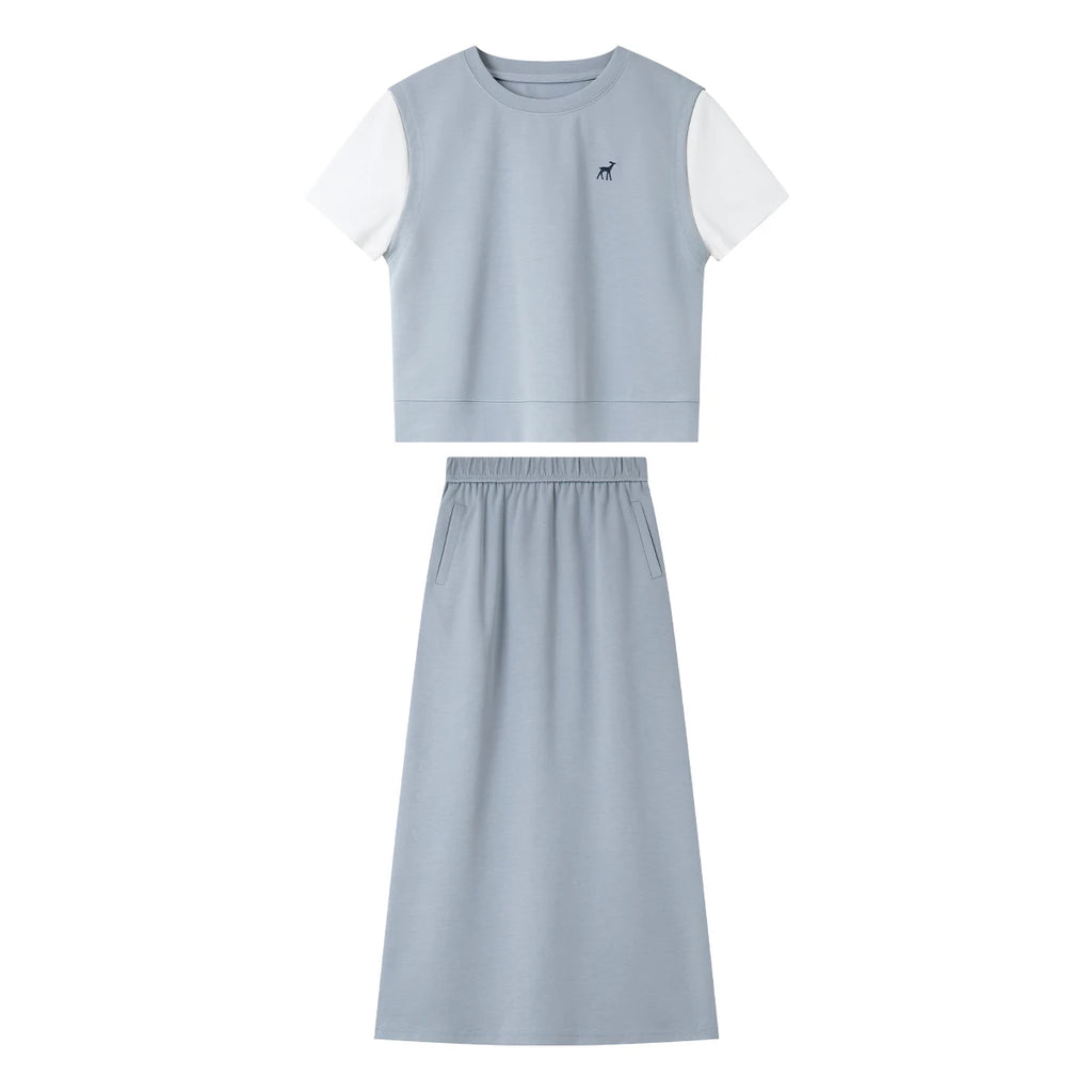 VIMLY Women's Summer Skirt Suit 2026 Woman Simple Outfits 2 in 1 Short Sleeve T-shirt Split Skirt Ladies Casual Skirt Set M9862