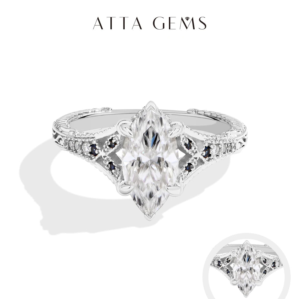 ATTAGEMS Marquise Cut 2ct Moissanite Ring With Lab Sapphire Women's Ring 925 Sterling Silver Luxury Wedding Jewelry Customizable