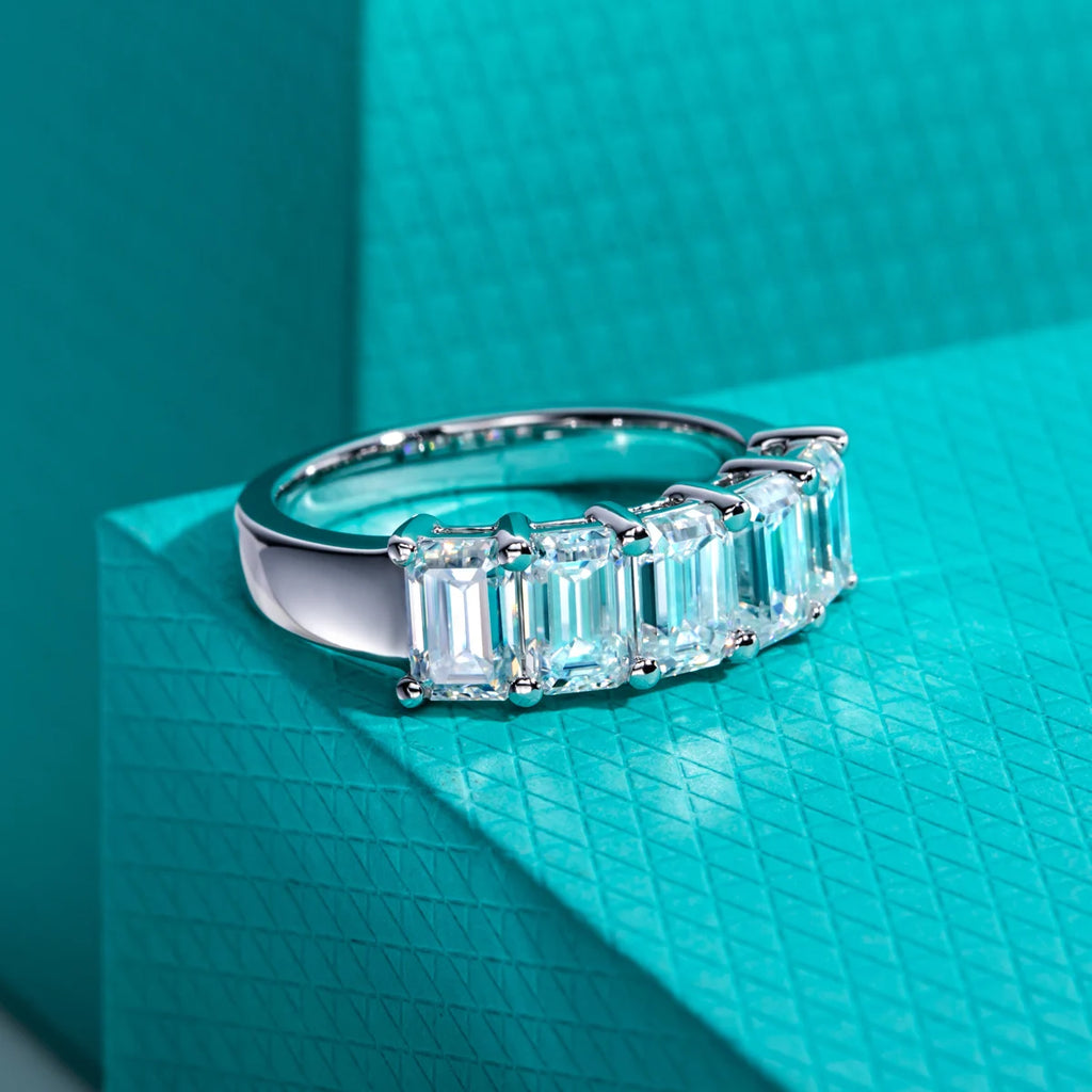 AnuJewel 0.6ct 3cttw Emerald Cut Moissanite Wedding Band Ring 925 Sterling Silver D Color Moissanites Promise Ring for Women