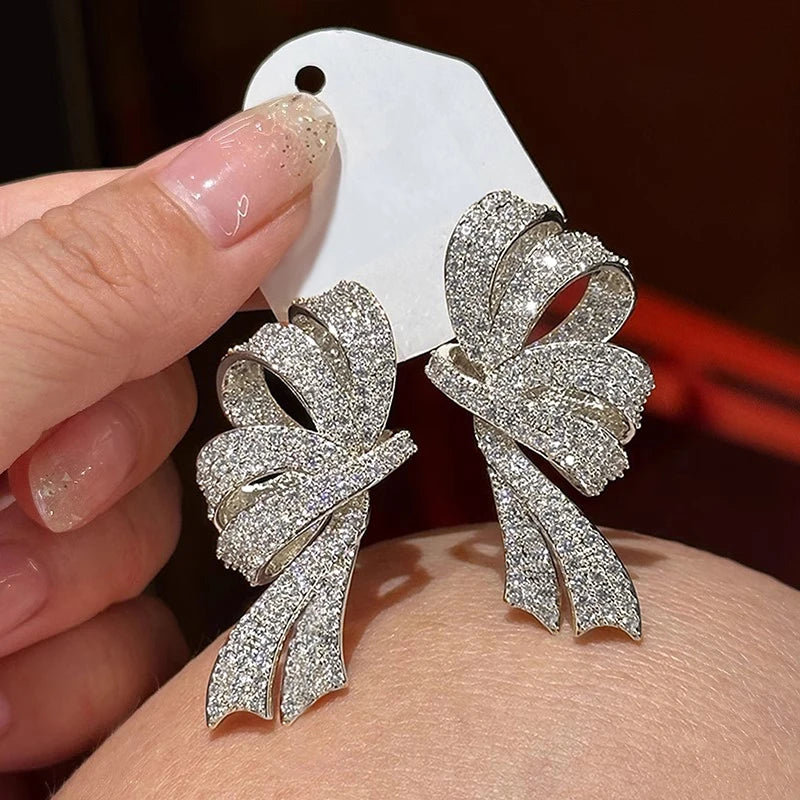 Huitan Aesthetic Women Bow Design Drop Earrings Full Shining CZ Elegant Wedding Engagement Accessories Trendy Jewelry for Party