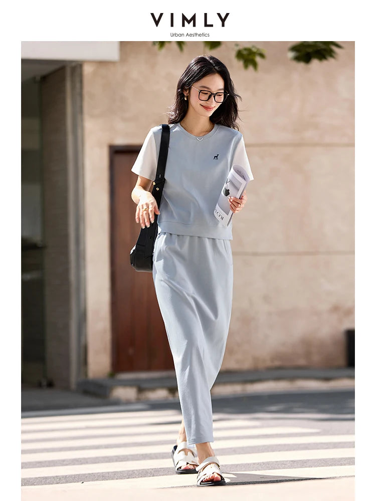 VIMLY Women's Summer Skirt Suit 2026 Woman Simple Outfits 2 in 1 Short Sleeve T-shirt Split Skirt Ladies Casual Skirt Set M9862