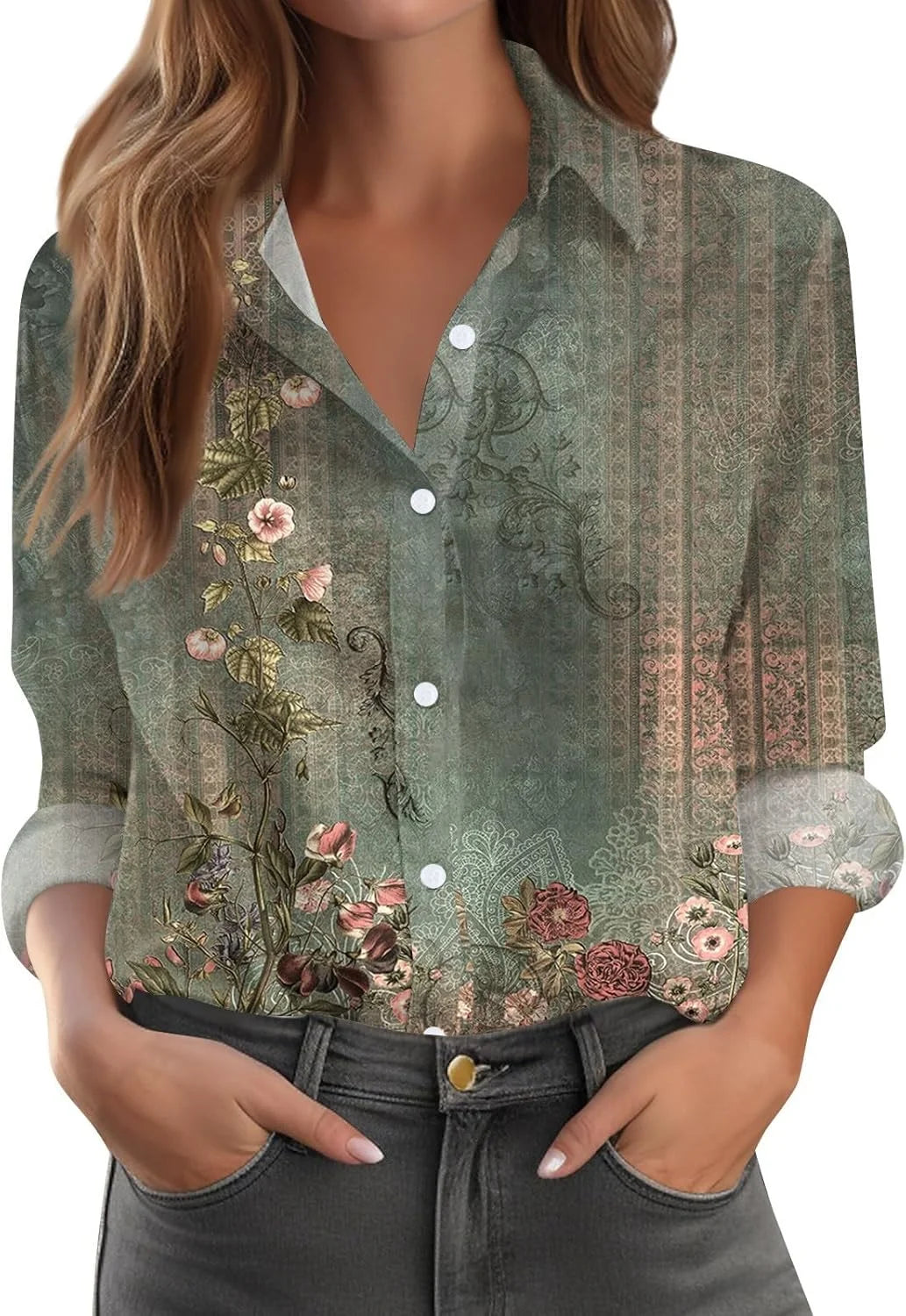 2026 Blush Women Summer Popular Long Sleeve Lapel Shirt Plant Flower Printed Shirt Street Commuting Outerwear Fast Shipping