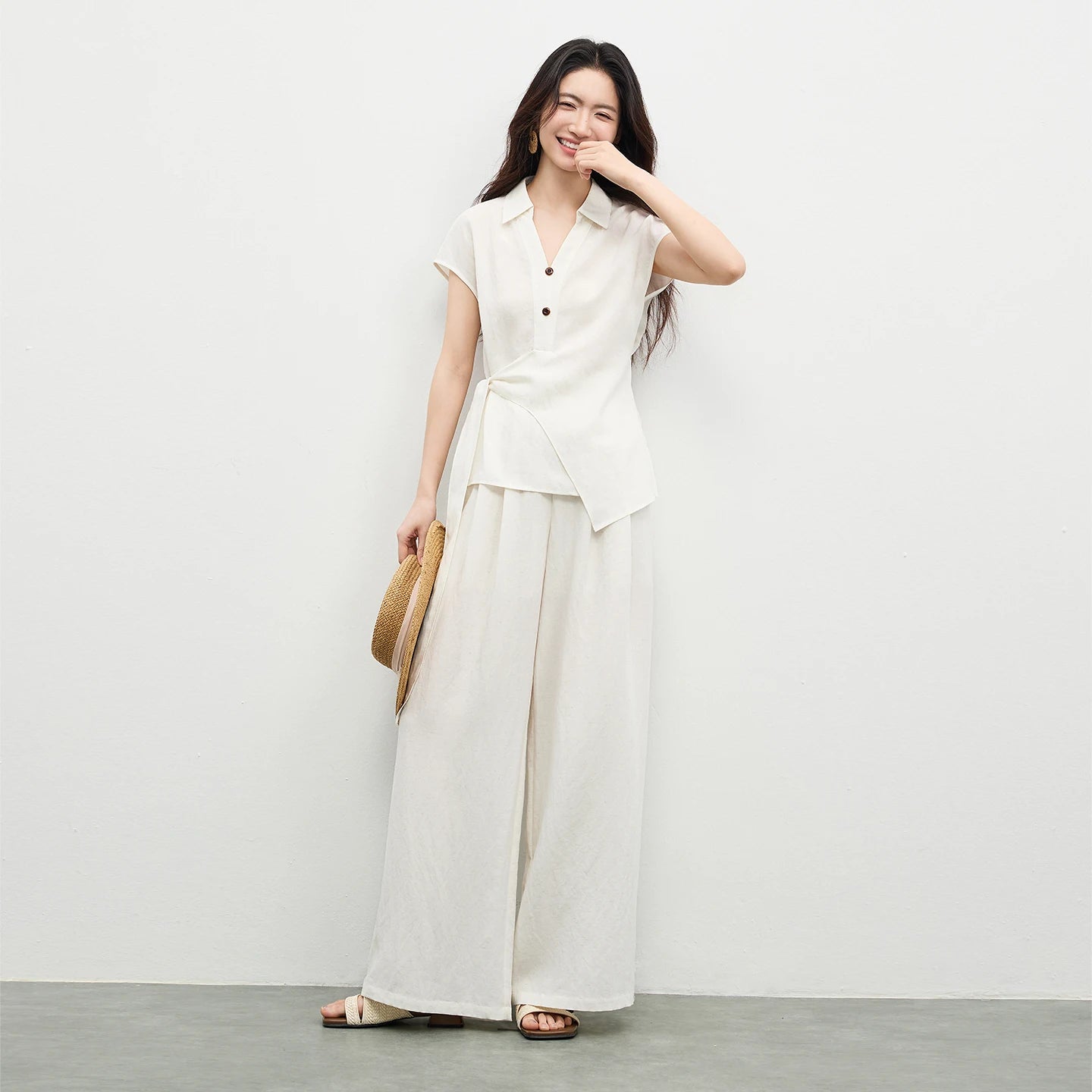 SENTUBILA Women's Office Linen Matching Set 2026 Summer Tie Short Sleeve Blouse Boho Scarf Wide Leg Pant 2 Piece Set 162ZK6057Z