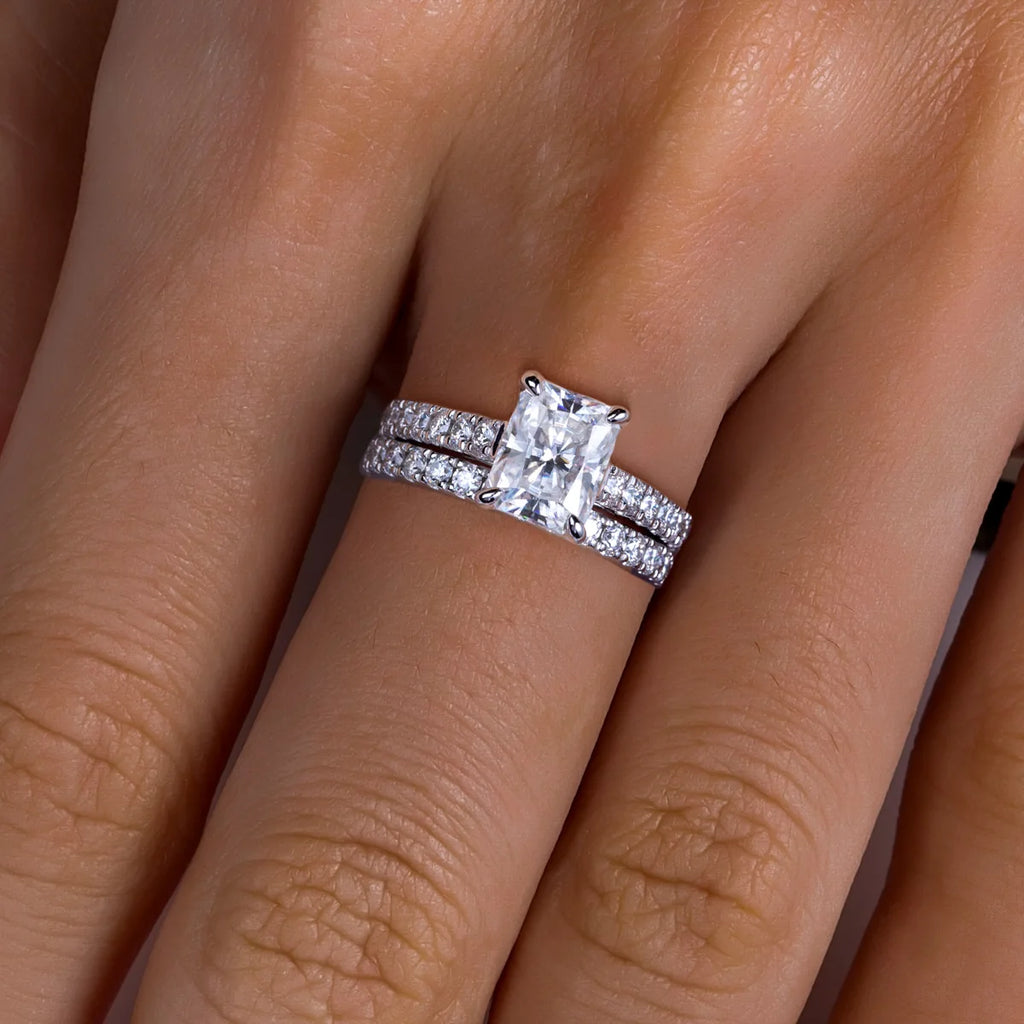 AnuJewel 3ct (Total 4.042ct) Radiant Cut D Color Moissanite Bridal Ring Set Wedding Band Silver Rings for Women Jewelry Gifts