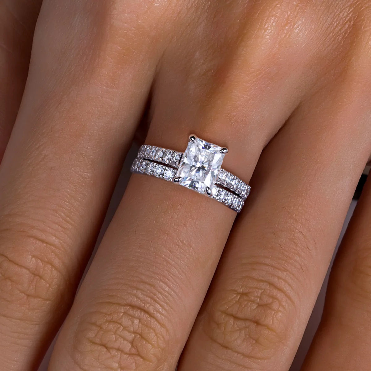 AnuJewel 3ct (Total 4.042ct) Radiant Cut D Color Moissanite Bridal Ring Set Wedding Band Silver Rings for Women Jewelry Gifts