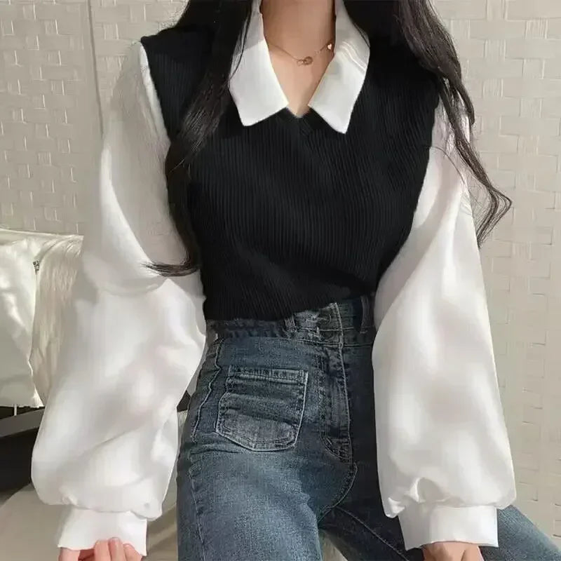 Korean Shirt Y2k Tops False Two-piece Polo Collar Women's Blouse Spring Casual Streetwear Loose Female Pullovers Elegant Blouses