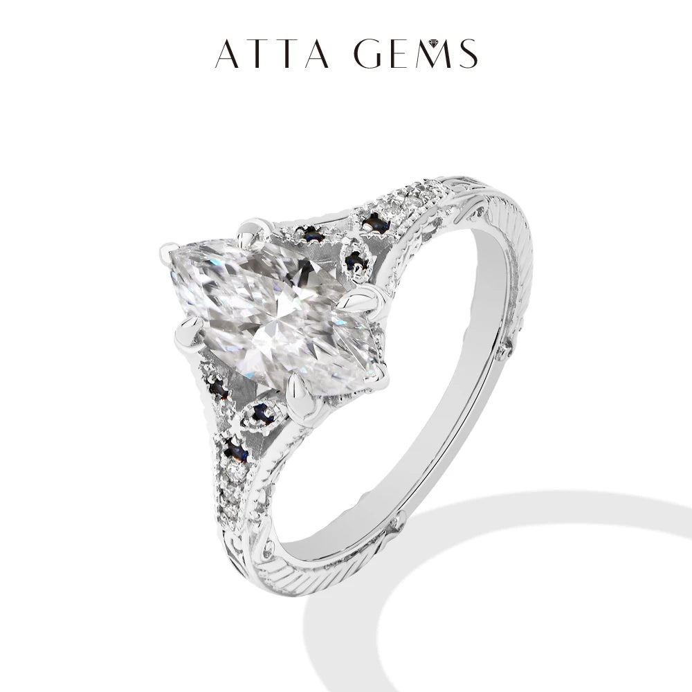ATTAGEMS Marquise Cut 2ct Moissanite Ring With Lab Sapphire Women's Ring 925 Sterling Silver Luxury Wedding Jewelry Customizable