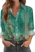 2026 Blush Women Summer Popular Long Sleeve Lapel Shirt Plant Flower Printed Shirt Street Commuting Outerwear Fast Shipping