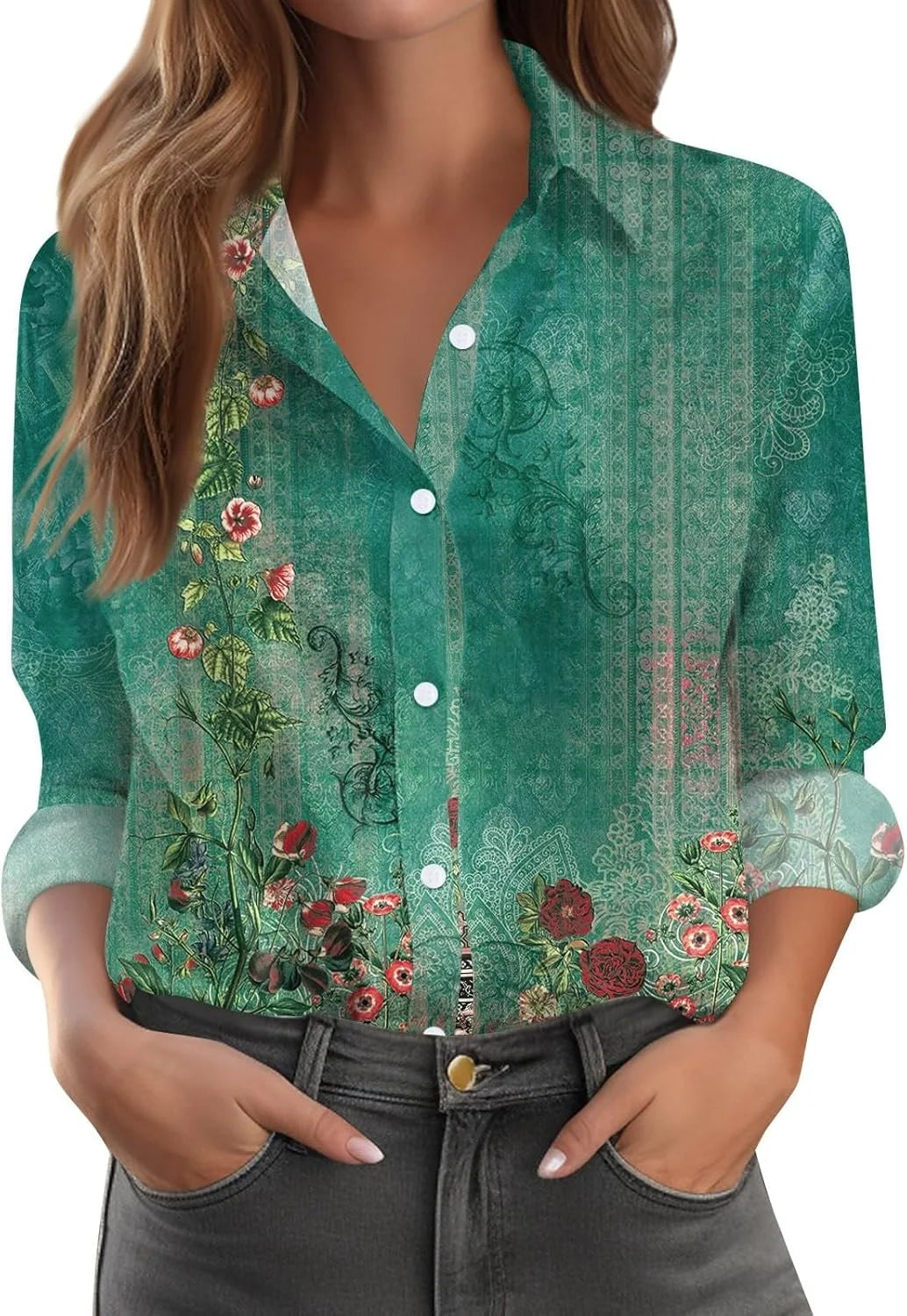2026 Blush Women Summer Popular Long Sleeve Lapel Shirt Plant Flower Printed Shirt Street Commuting Outerwear Fast Shipping