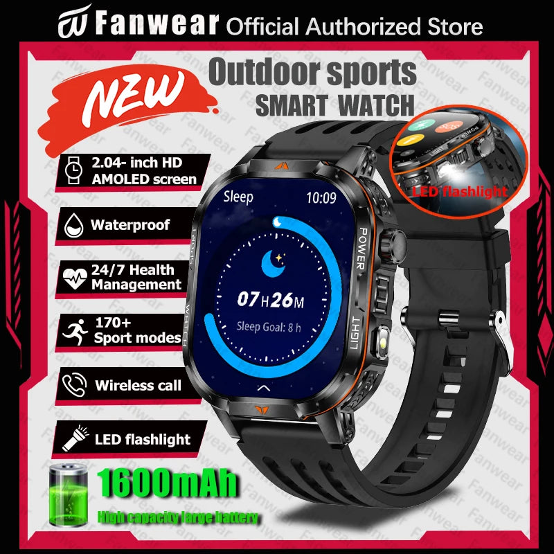 Military outdoor sports smart watch For men's 1600 mAh battery outdoor flashlight 2.04 inch screen 170+ sports mode call health
