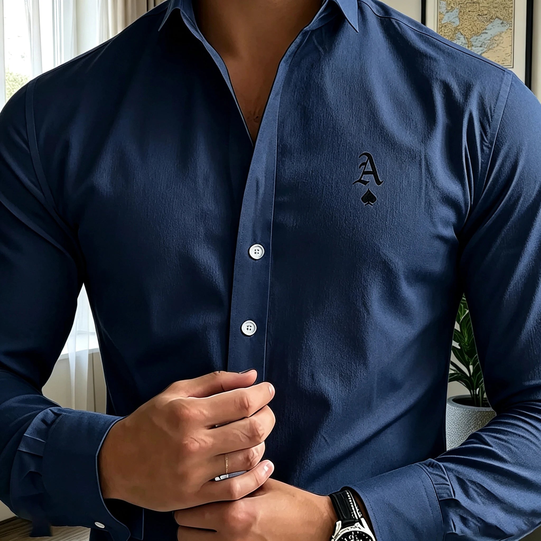 Men's long-sleeved business shirt, letter print, light luxury formal shirt, commuting/party casual cardigan top