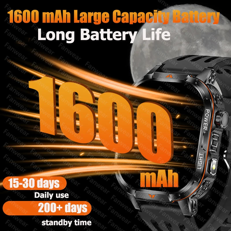 Military outdoor sports smart watch For men's 1600 mAh battery outdoor flashlight 2.04 inch screen 170+ sports mode call health