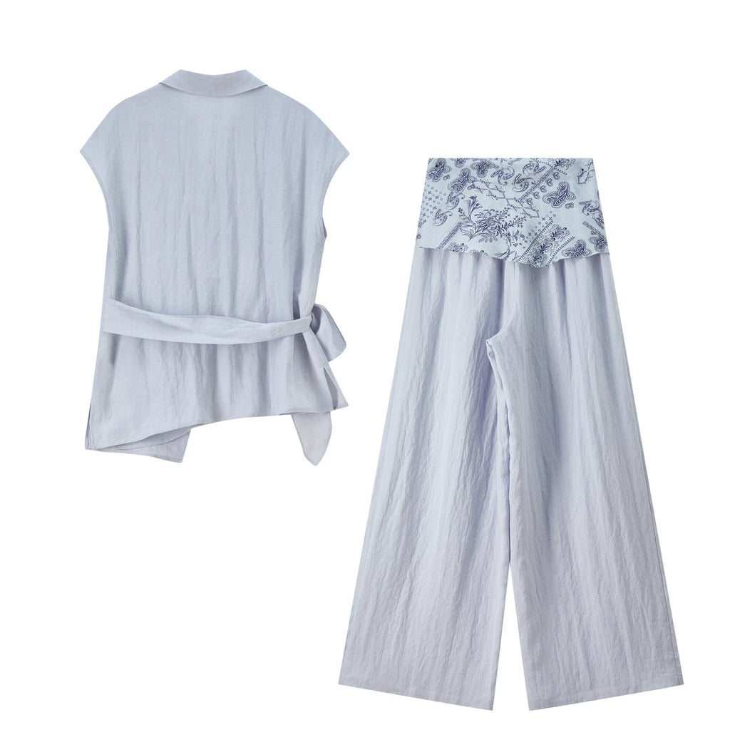 SENTUBILA Women's Office Linen Matching Set 2026 Summer Tie Short Sleeve Blouse Boho Scarf Wide Leg Pant 2 Piece Set 162ZK6057Z