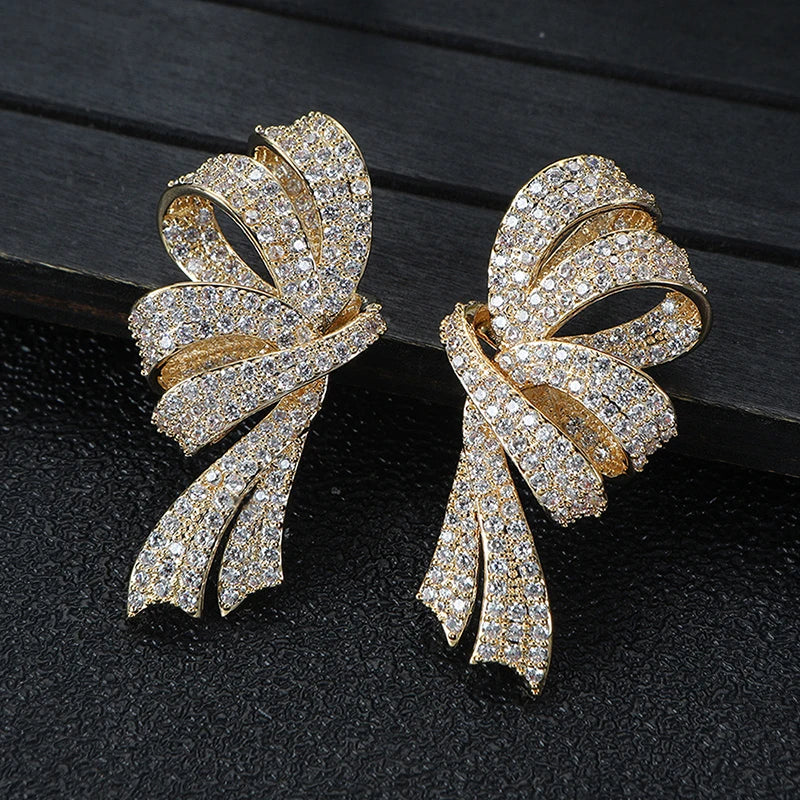 Huitan Aesthetic Women Bow Design Drop Earrings Full Shining CZ Elegant Wedding Engagement Accessories Trendy Jewelry for Party