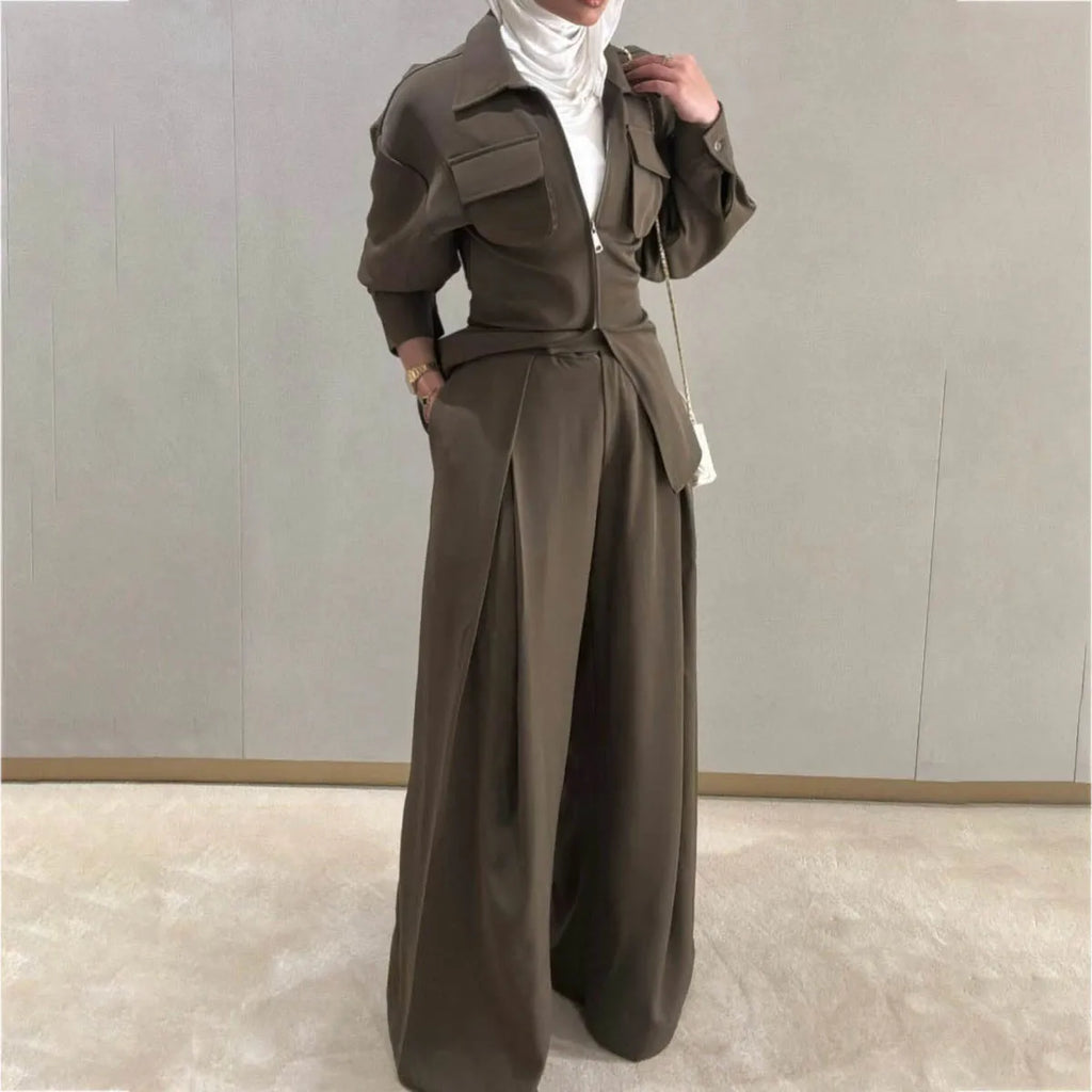 VTKW Collar Zipper Waist-restricting Design Pure Color 2025 Spring Summer Women's Blazer High-quality Loose Pants Two-piece Set