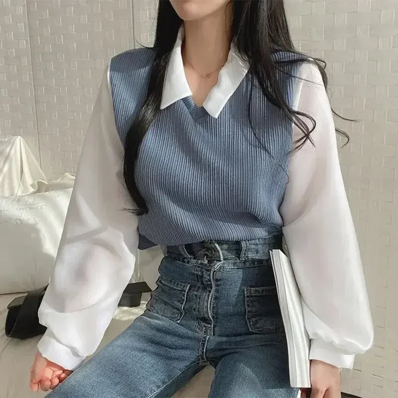 Korean Shirt Y2k Tops False Two-piece Polo Collar Women's Blouse Spring Casual Streetwear Loose Female Pullovers Elegant Blouses