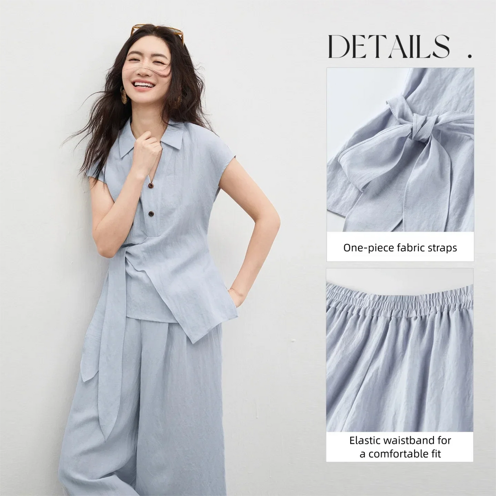 SENTUBILA Women's Office Linen Matching Set 2026 Summer Tie Short Sleeve Blouse Boho Scarf Wide Leg Pant 2 Piece Set 162ZK6057Z