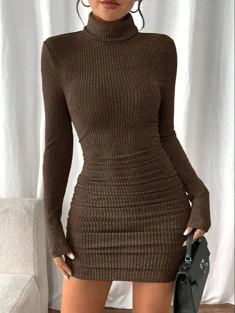 Women's 2026 High Neck Slim Fit Dress Pit Stripe Knitted Texture Design for Daily Life Spring Autumn