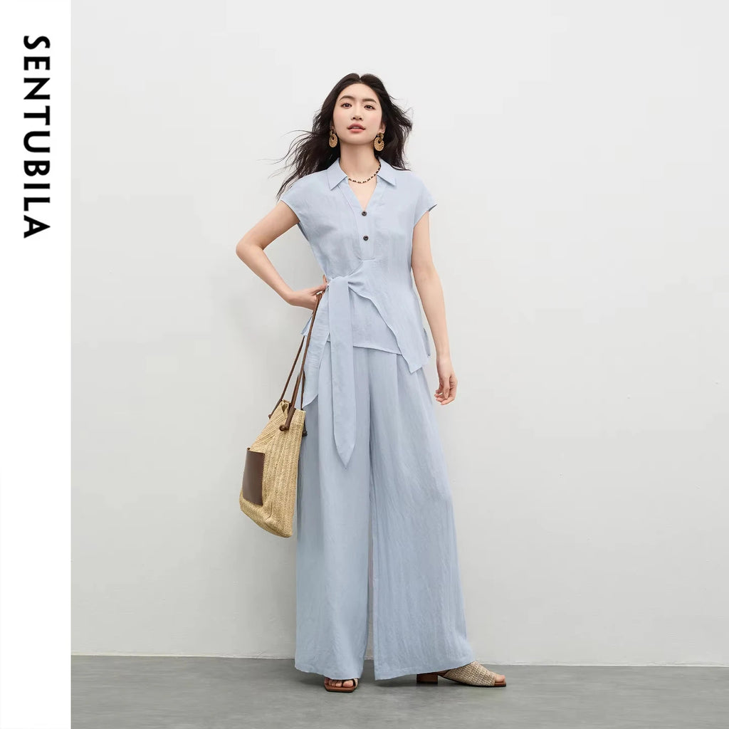 SENTUBILA Women's Office Linen Matching Set 2026 Summer Tie Short Sleeve Blouse Boho Scarf Wide Leg Pant 2 Piece Set 162ZK6057Z