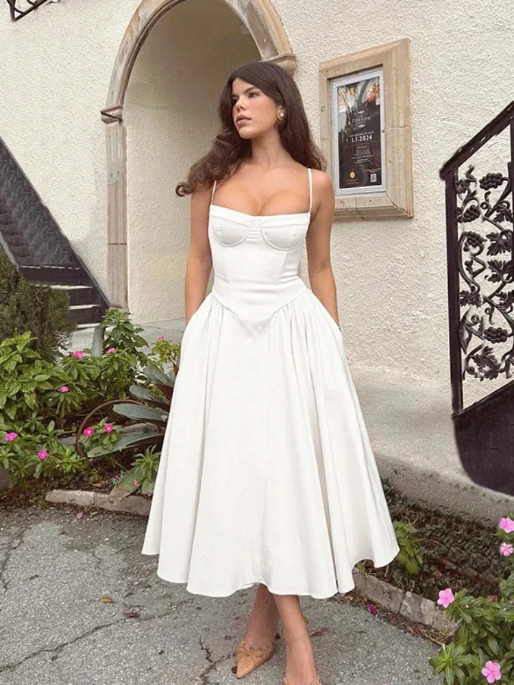 Vintage Blue Corset Midi Sundress Women's Floral High Waist Pleated Dress Sun Dresses Summer Female Clothes New White Red Green