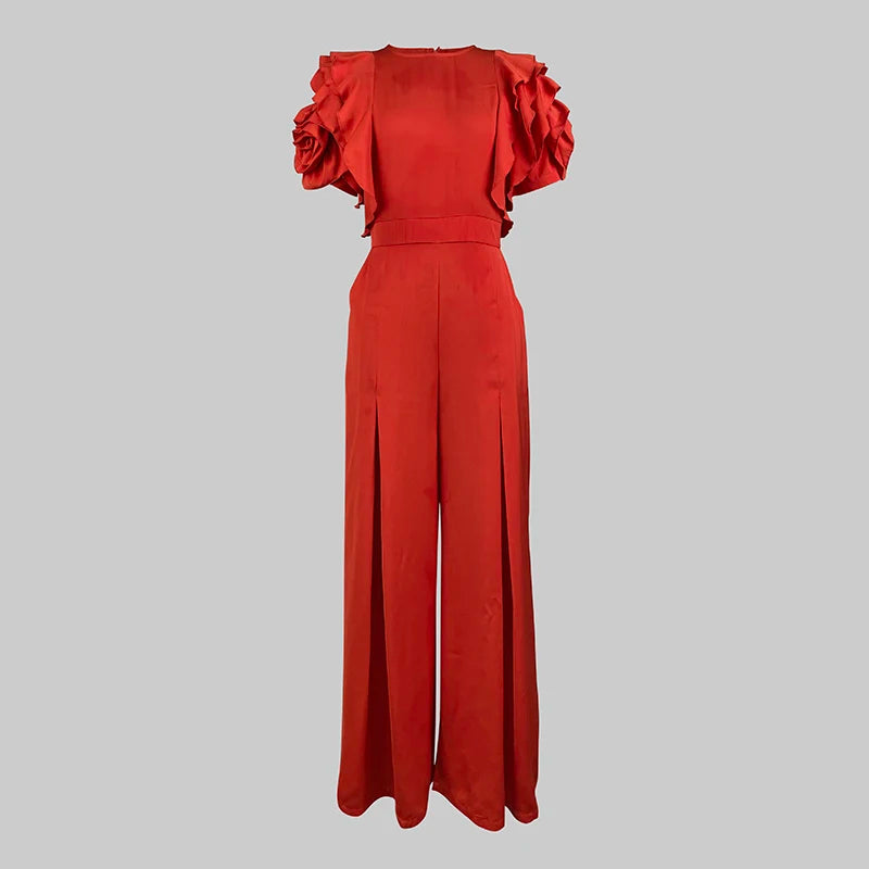Modigirl Red Romper Jumpsuit Woman 2025 New Summer Falbala Short Sleeves Wide Leg Jumpsuits Woman Elegant Party Formal Clothes