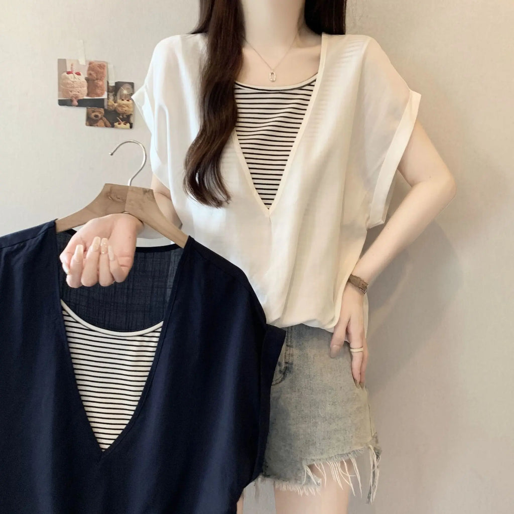 Summer Plus Size Women's Hot-selling Contrast Color Striped Loose Hiding Flesh Slimming Round Neck Short Sleeve T-shirt