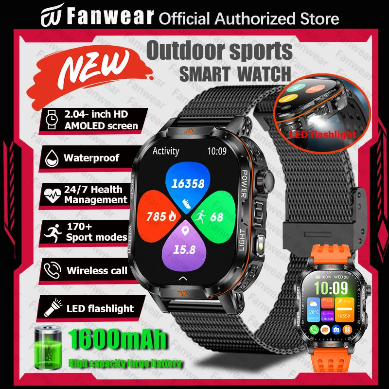 Military outdoor sports smart watch For men's 1600 mAh battery outdoor flashlight 2.04 inch screen 170+ sports mode call health