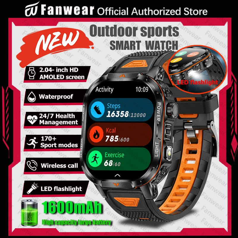 Military outdoor sports smart watch For men's 1600 mAh battery outdoor flashlight 2.04 inch screen 170+ sports mode call health