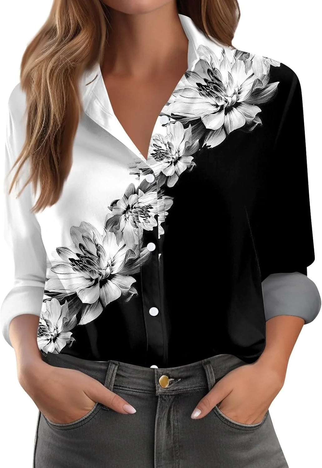 2026 Blush Women Summer Popular Long Sleeve Lapel Shirt Plant Flower Printed Shirt Street Commuting Outerwear Fast Shipping