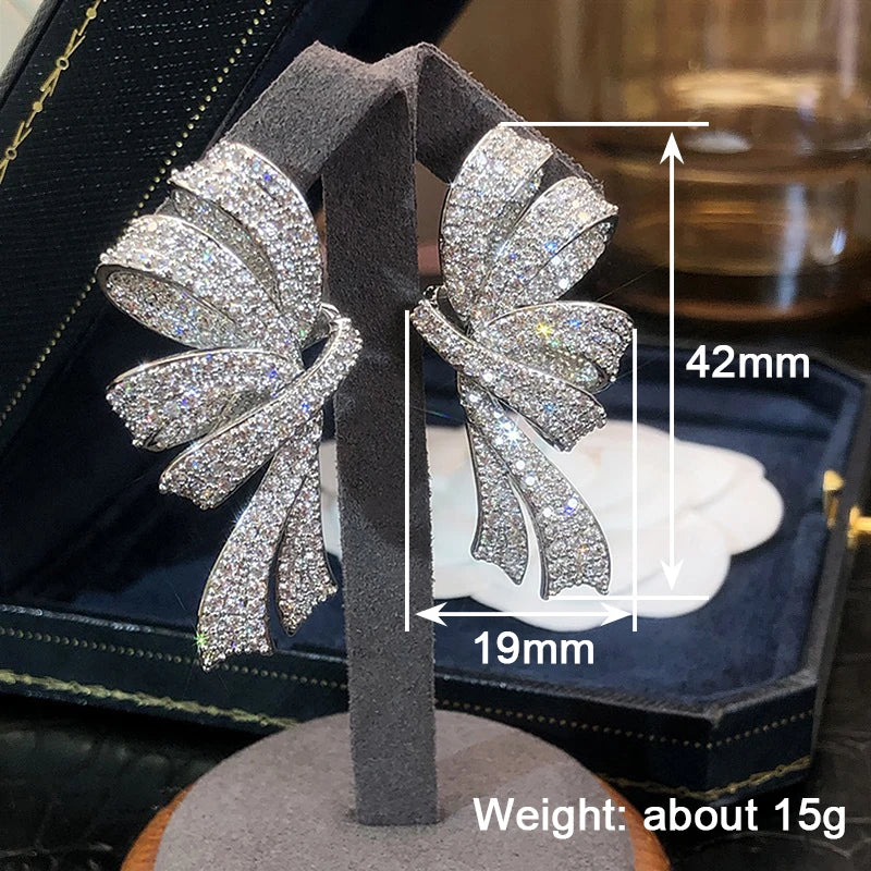 Huitan Aesthetic Women Bow Design Drop Earrings Full Shining CZ Elegant Wedding Engagement Accessories Trendy Jewelry for Party