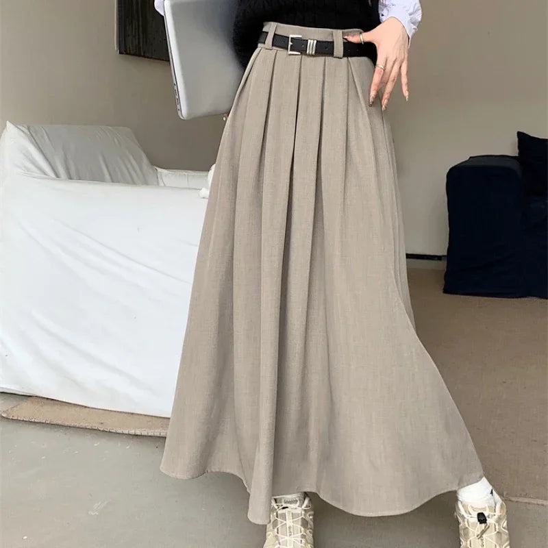 2026 New Korean Skirt Women Solid Color Versatile Mid-length Pleated Skirt Large Swing Type Skirt Female Long Skirts for Women