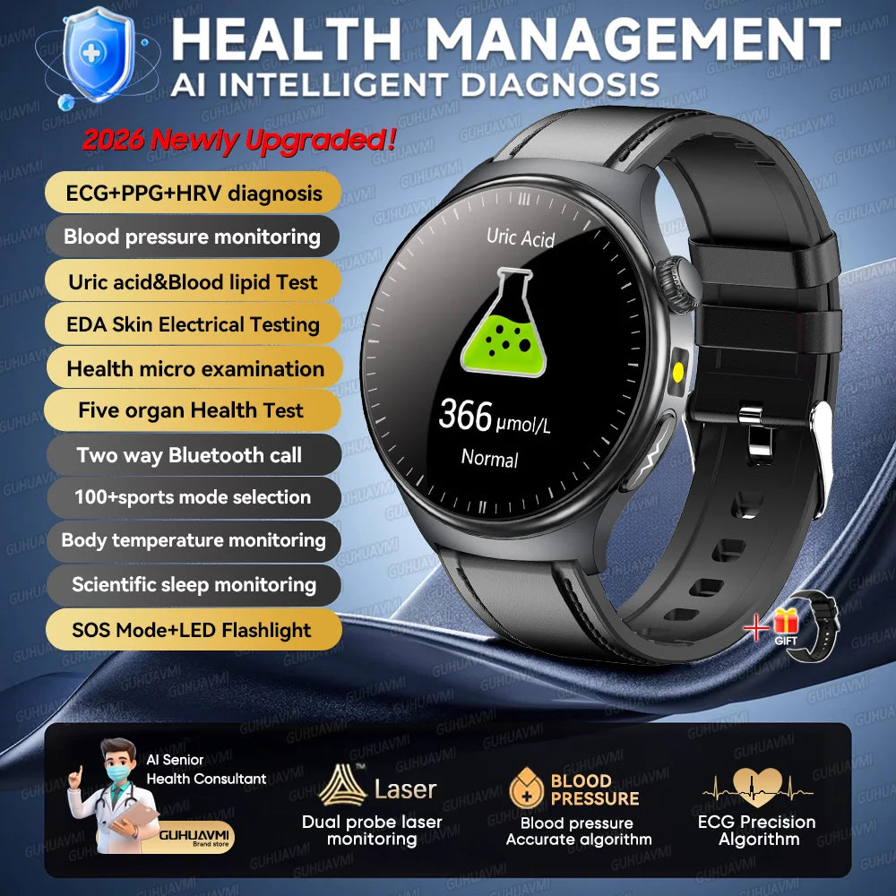 New 1.73" Sapphire Glass Uric Acid Blood Fat Health Trackr SmartWatch Blood Pressure ECG+PPG Clock Body Analysis Smartwatchs Men