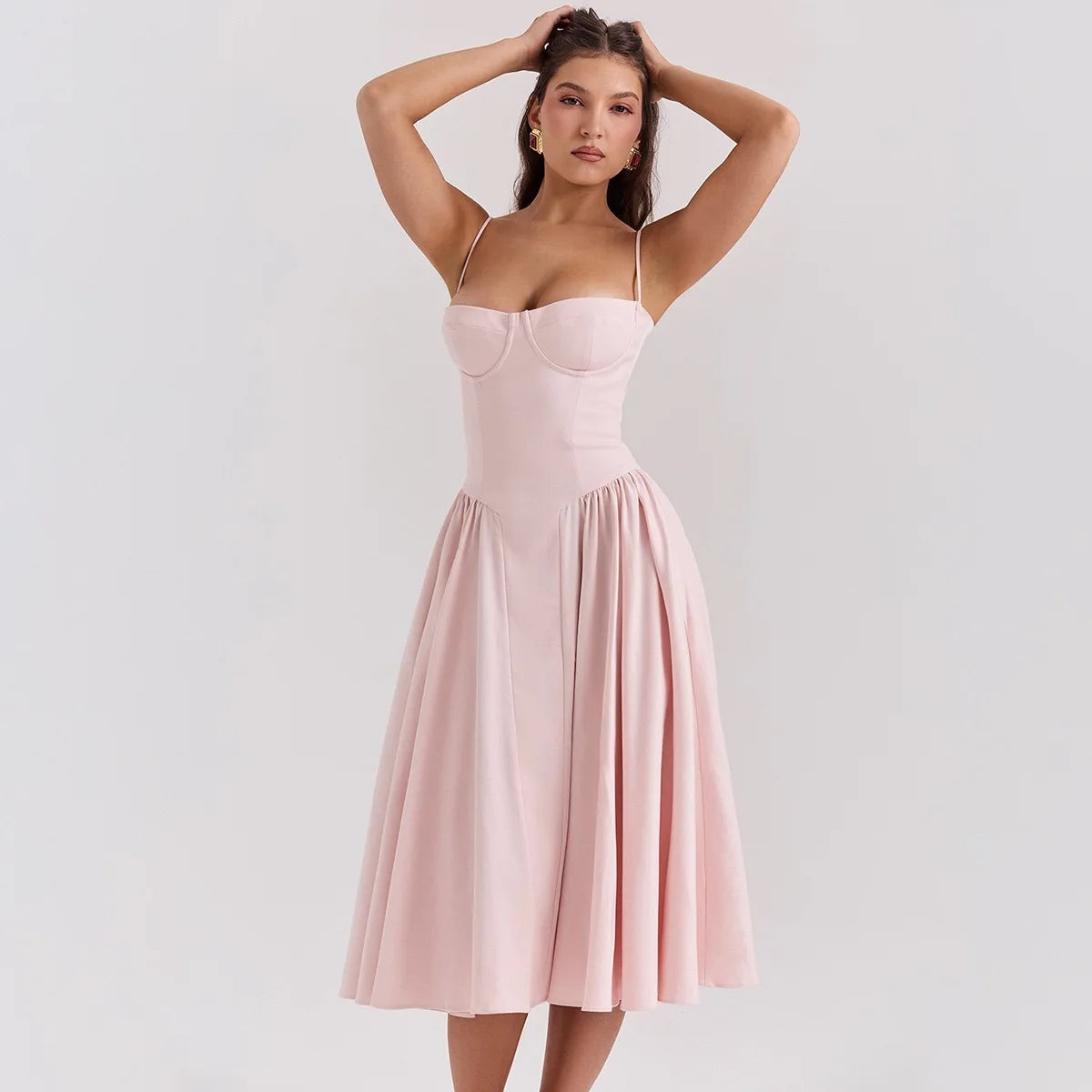 Vintage Blue Corset Midi Sundress Women's Floral High Waist Pleated Dress Sun Dresses Summer Female Clothes New White Red Green