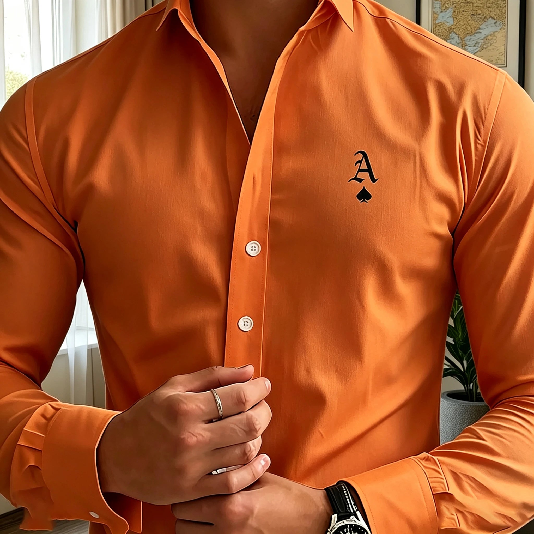 Men's long-sleeved business shirt, letter print, light luxury formal shirt, commuting/party casual cardigan top